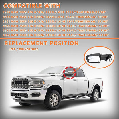 Solidspare Left Driver Side Mirror Heated Power Folding For 2019-2024 Ram 1500 68462769AB