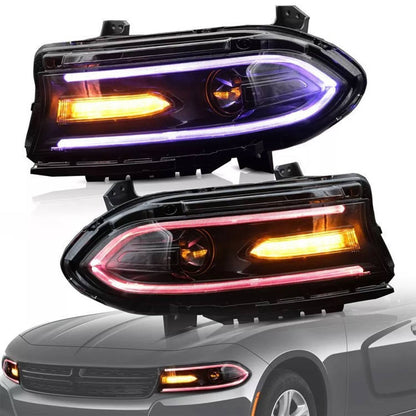 Solidspare Pair For 2015-2021 Dodge Charger LED Projector Headlights RGB Color Change Lamps