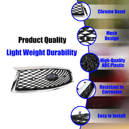 For 2018-2023 Infiniti Q50 Chrome Bezel Front Bumper Black Grille W/sensor holes