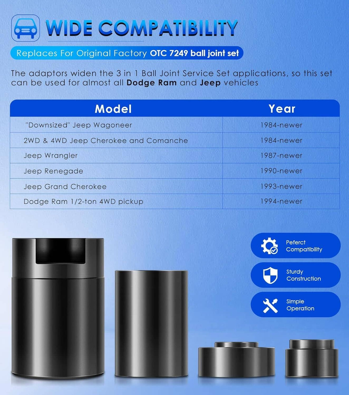 Solid Spare Ball Joint Service Adapter Tools Kit 7894 for Jeep Wrangler & Dodge Ram Trucks