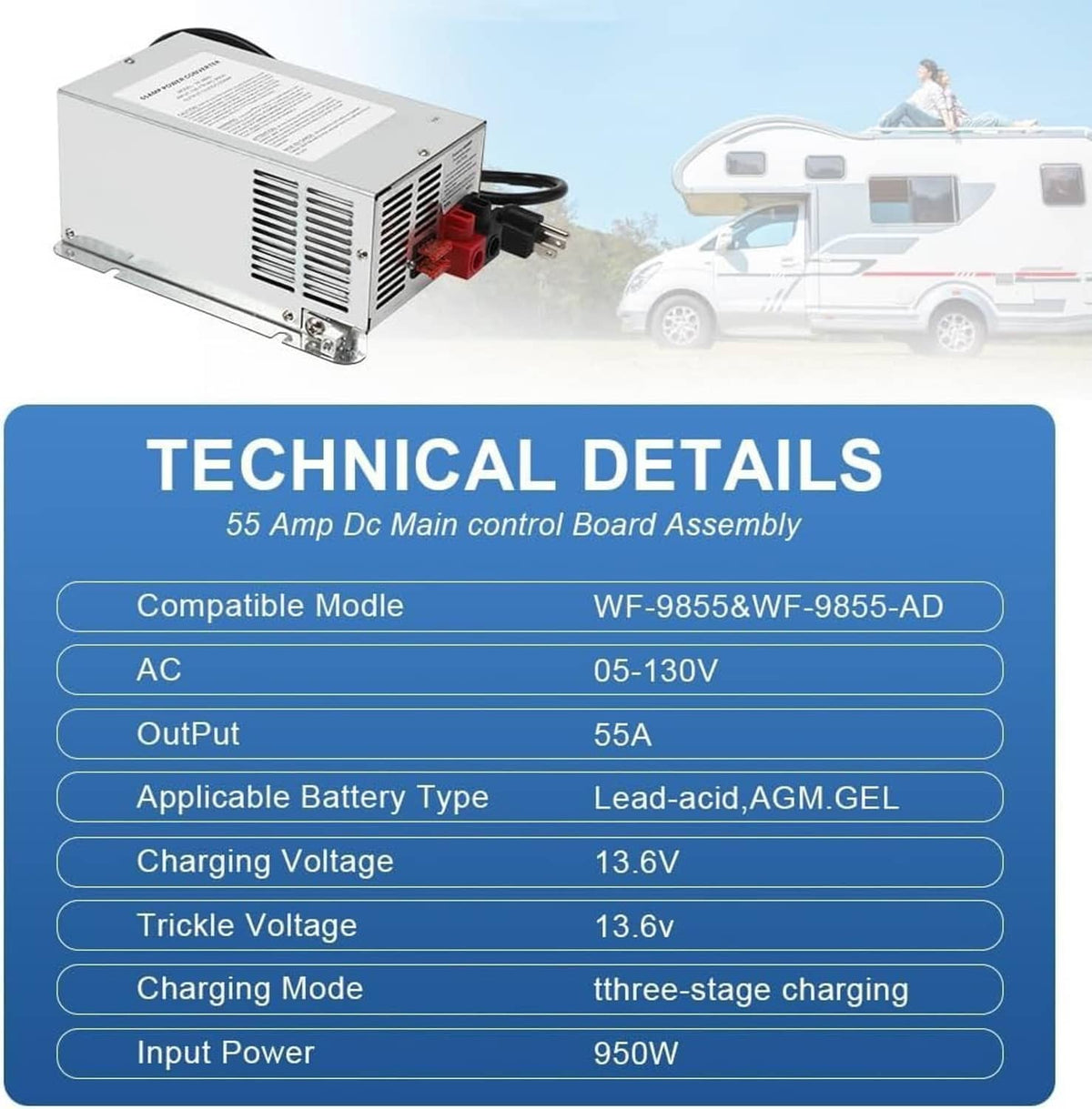 Solidspare WF-9855 RV Converter 55 Amp Deck Power Converter Charger RV Trailer Camper 12V