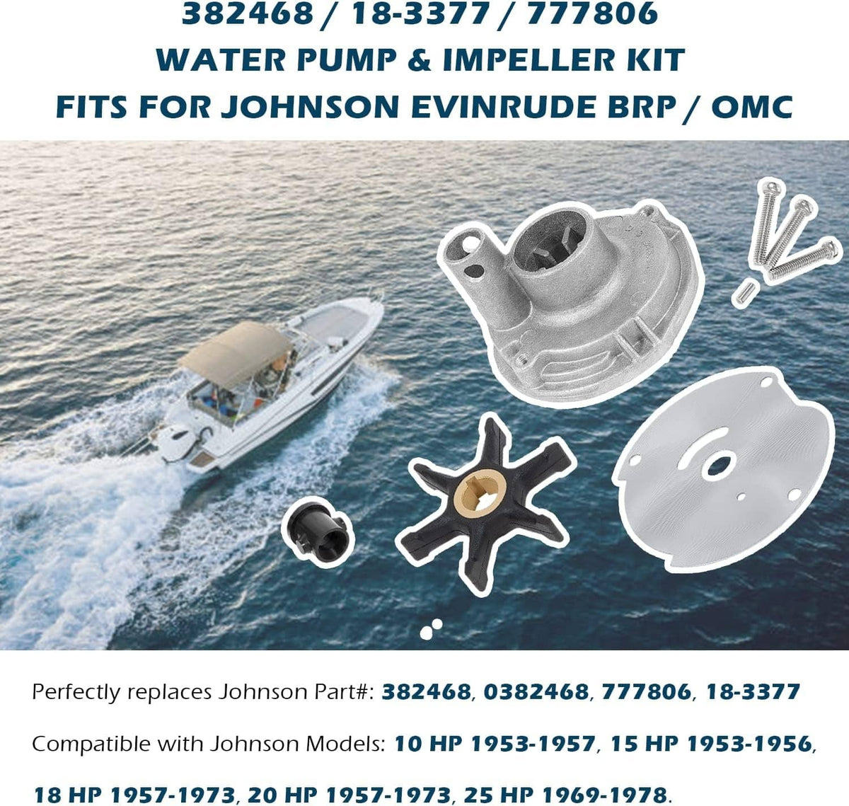 Solidspare 382468 Water Pump Impeller Kit Johnson Evinrude OMC (10 15 18 20 25 HP) 18-3377