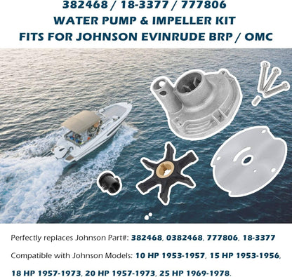 Solidspare 382468 Water Pump Impeller Kit Johnson Evinrude OMC (10 15 18 20 25 HP) 18-3377