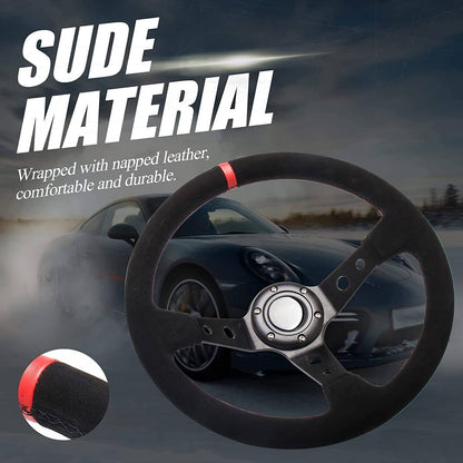Solidspare 14" 350mm Racing Suede Leather Steering Wheel w/ Horn Button+Quick Release Kit