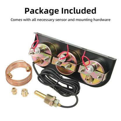 Solidspare Black 2" 52mm Car 3 in 1 Triple Gauge Set Kit AMP Meter Water Temp Oil Pressure