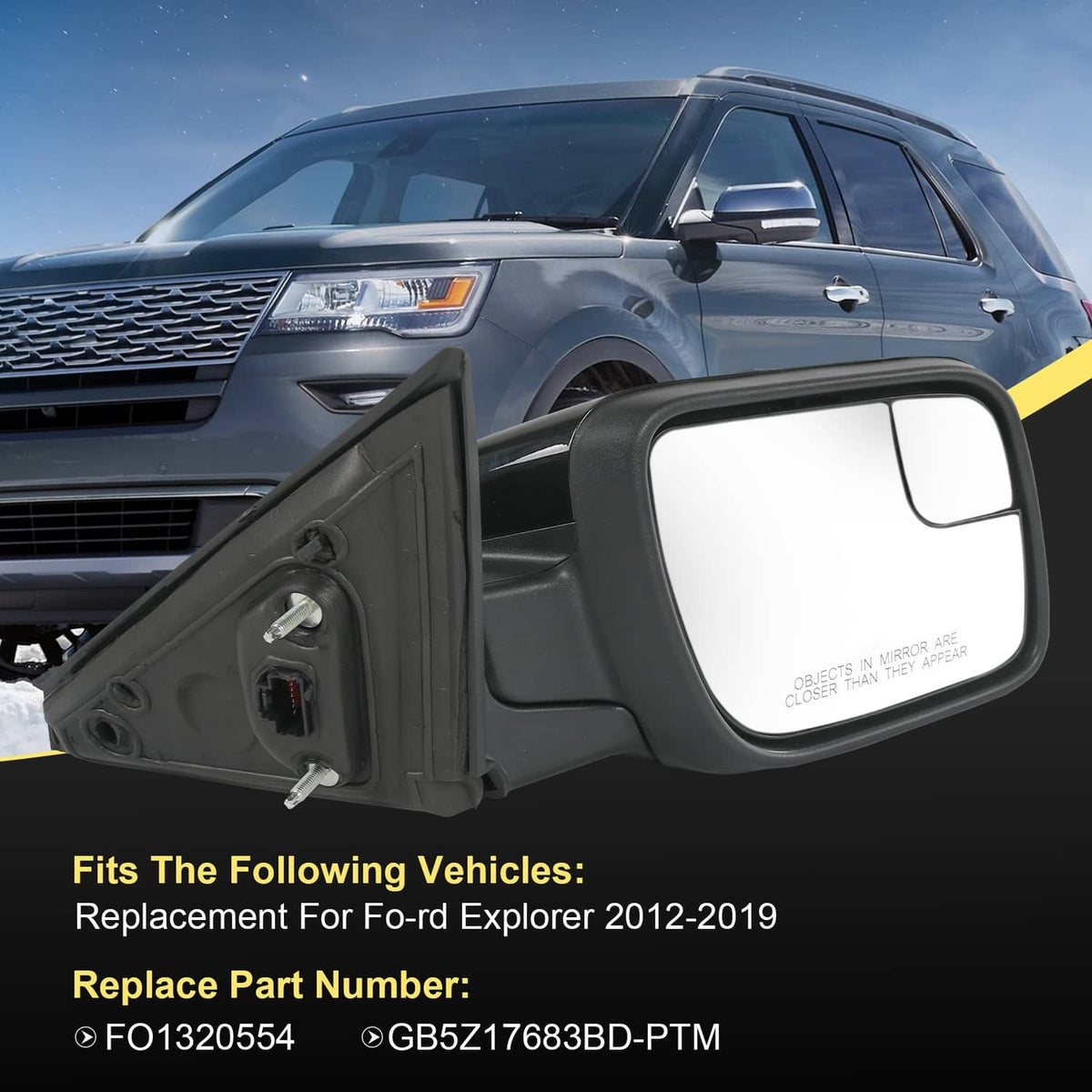 Solidspare Door Mirror Right Passenger Side For Ford Explorer 2012-2019FO1321554 Black 7Pin