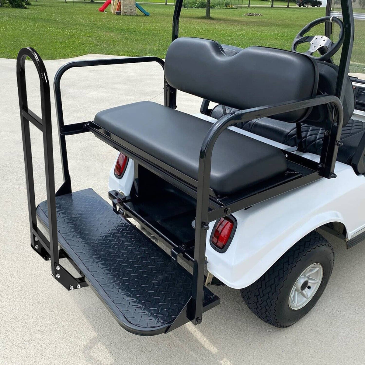 Solidspare Golf Cart Flip Rear Back Seat Kit Black Cushion For Club Car DS 00-13 w/Grab Bar