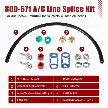 Solidspare 800-671 A/C Line Splice Kit for 3/8” Line With No.6 Hose 24" Line to Hose Repair
