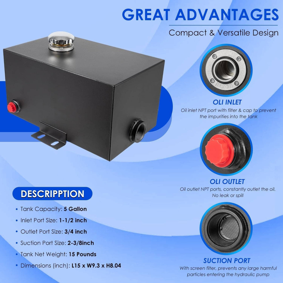 Solid Spare 5 Gallon 14 Gauge Steel Hydraulic Fluid Reservoir Tank with Breather Cap