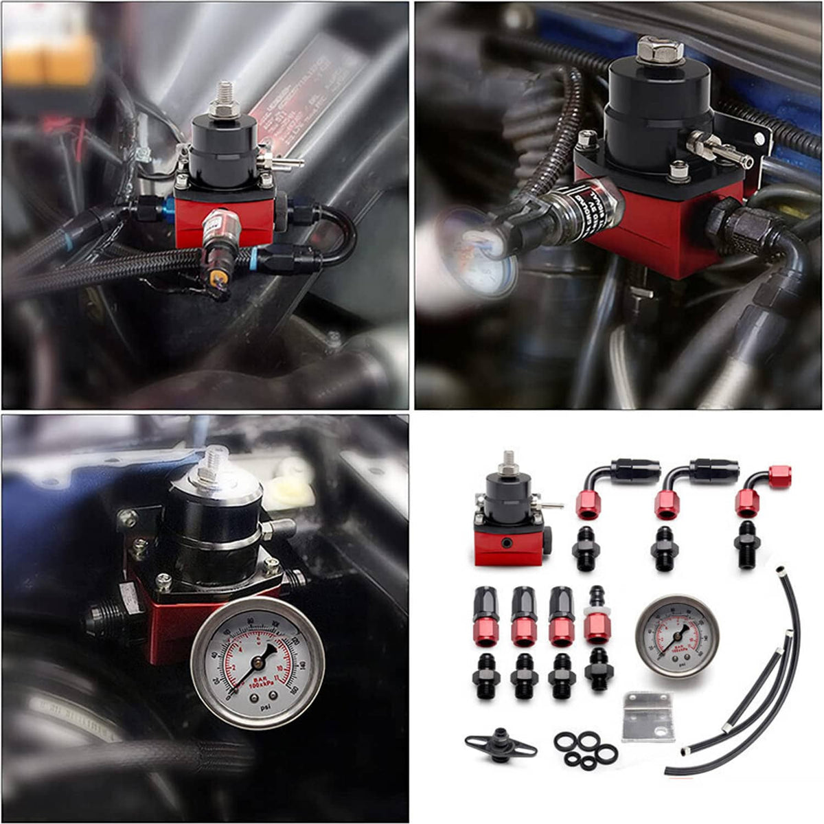 Solidspare New Adjustable Fuel Pressure Regulator Kit Oil 0-100psi Gauge -6AN Black & Red