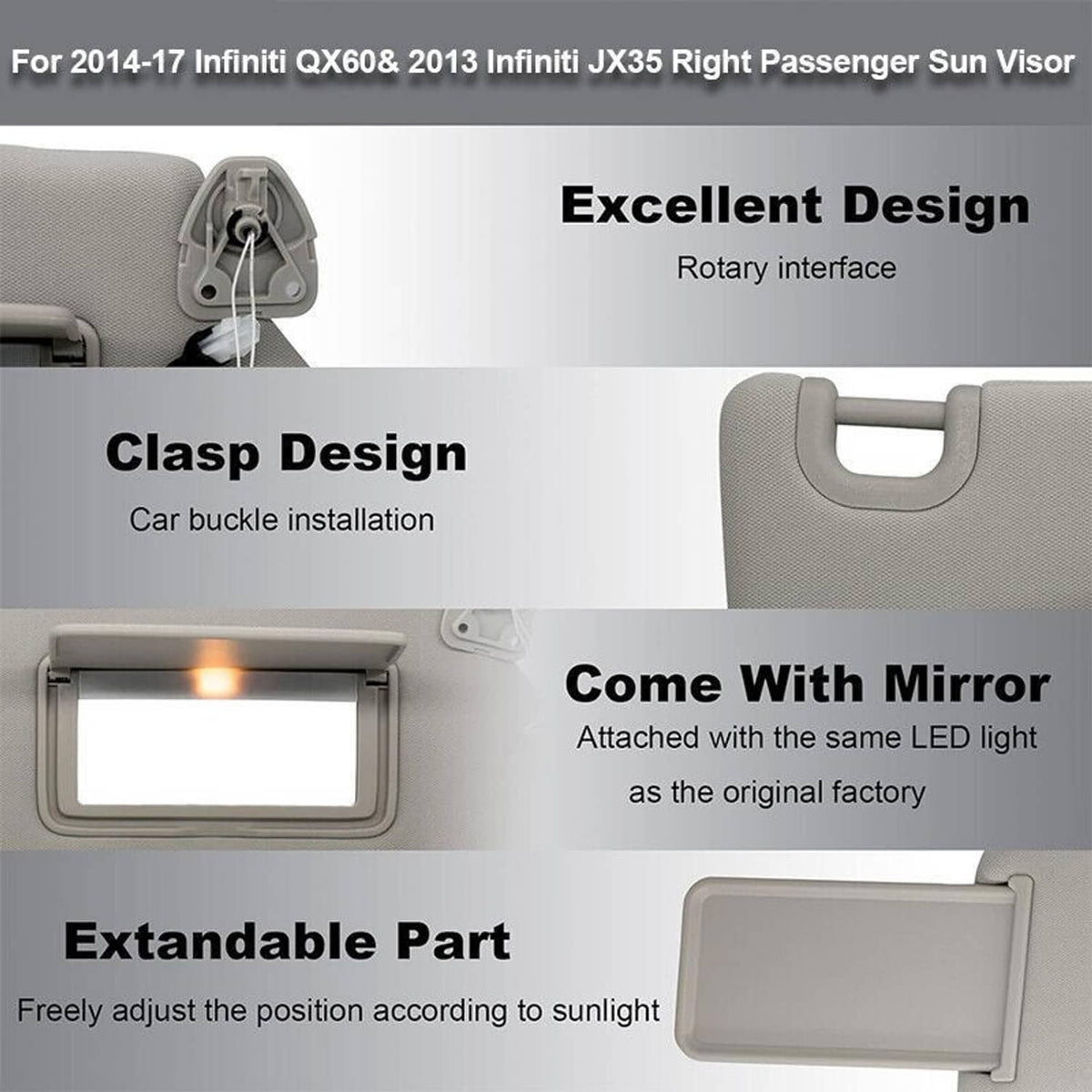 Solidspare Right Passenger Sun Visor with Lamp for 2013-2018 Nissan Pathfinder QX60 Grey