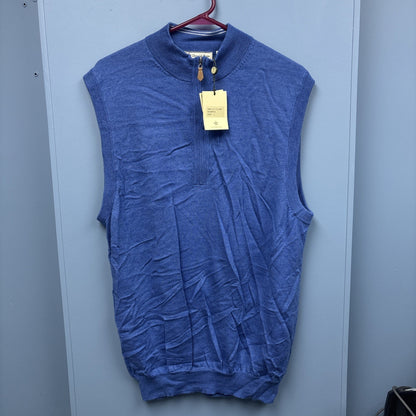 Men's L Donald Ross Sleeveless 1/4 Zip Vest Outerwear - Blue - 100 % Merino Wool