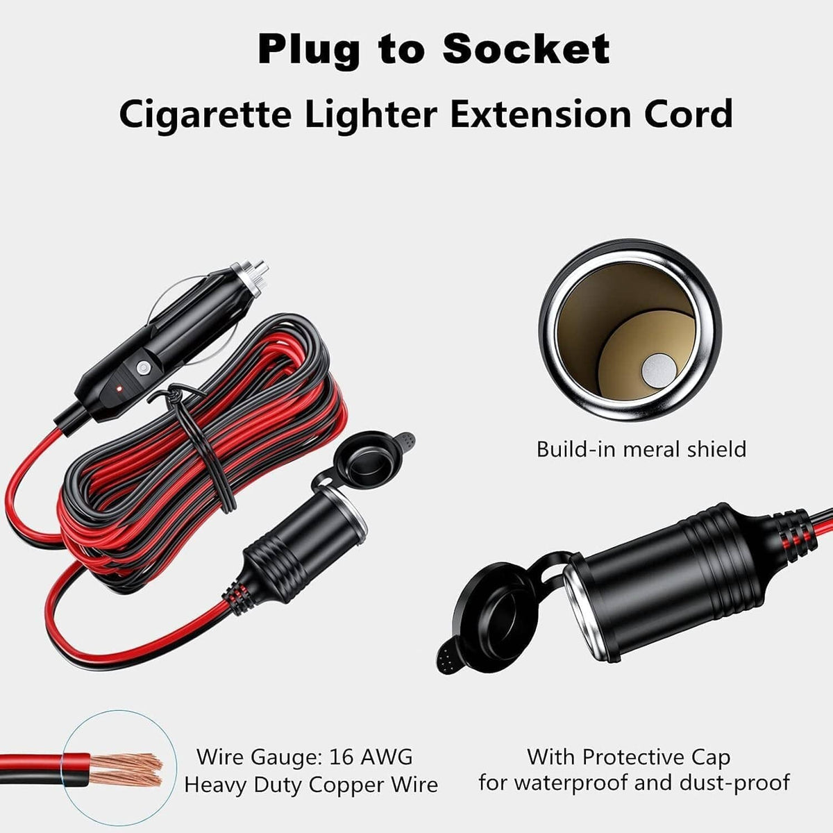Solid Spare 12V Car Cigarette Lighter Socket Extension Cord Cable Heavey Duty Adapter 13FT