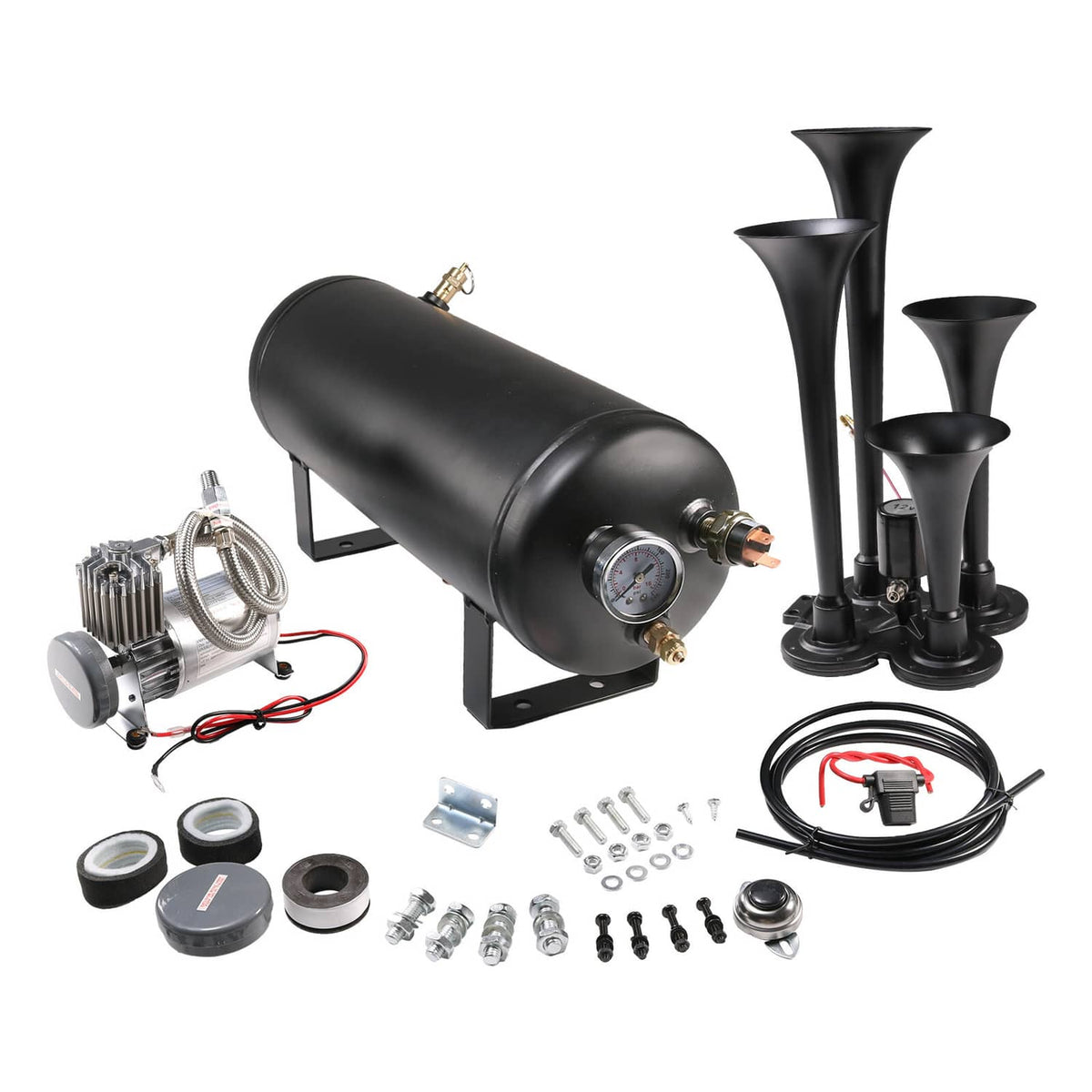 Solidspare Train Horn Kit 4 Trumpets Semi Loud System 1.5G Air Tank 150PSI FITS Truck Car