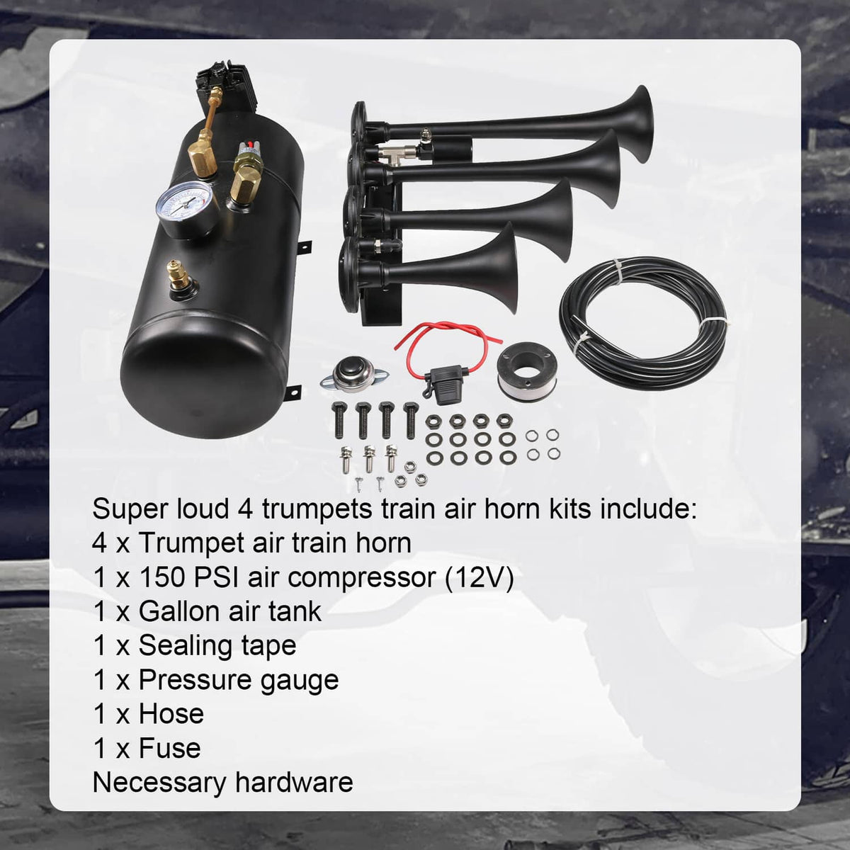 Solidspare 4 Trumpets Train Horn w/ 1G Air Tank Kit Loud System 150psi For Truck Car Pickup