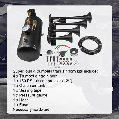 Solidspare 4 Trumpets Train Horn w/ 1G Air Tank Kit Loud System 150psi For Truck Car Pickup