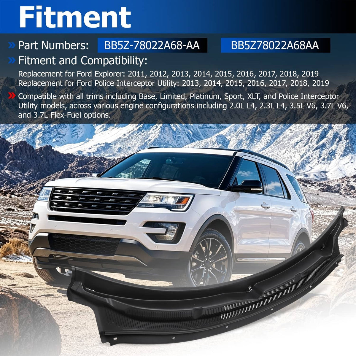 Solidspare Windshield Cowl Grille Wiper Panel Top for Ford Explorer 2011-2019 BB5Z78022A68A