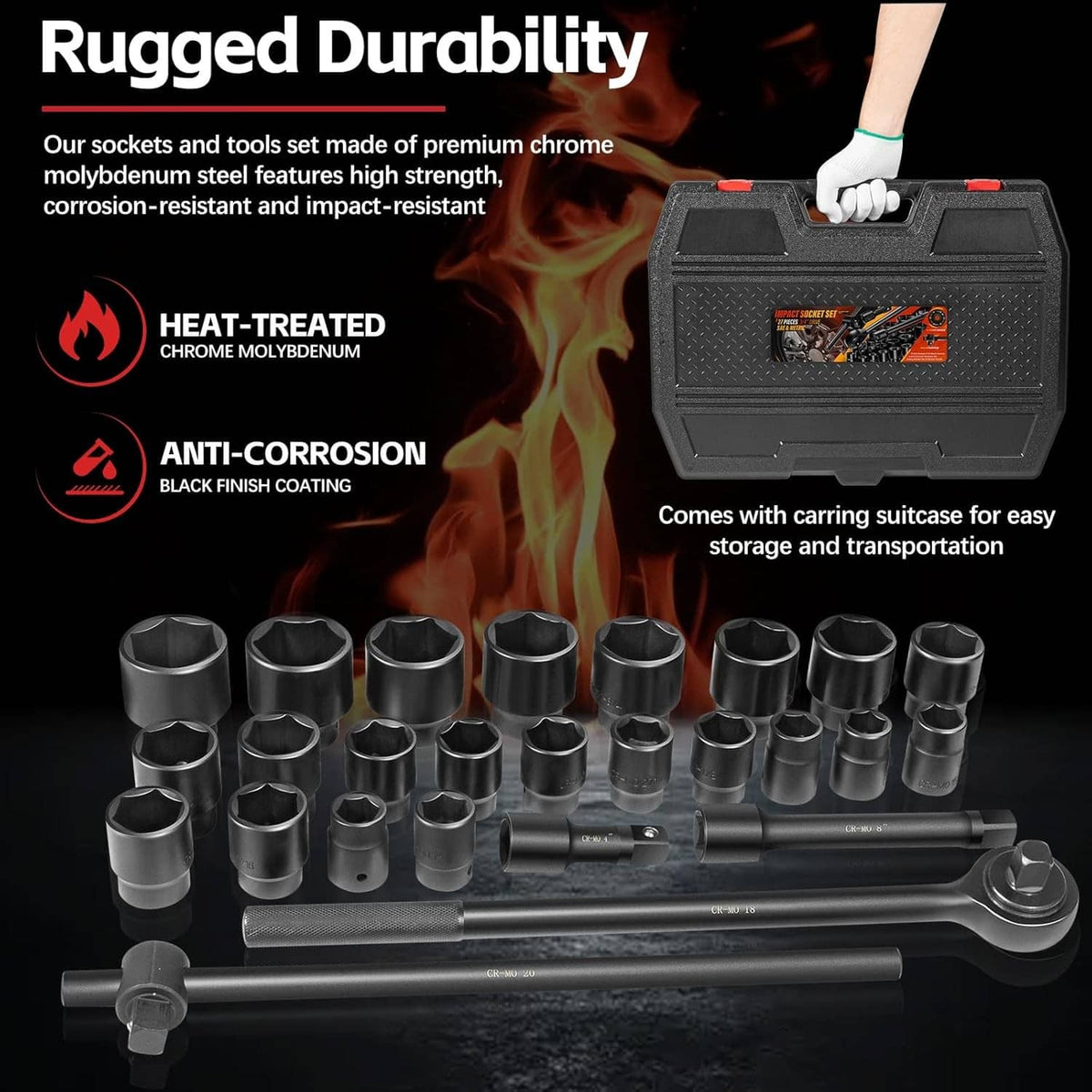 Solid Spare 3/4" Drive Deep Impact Socket Set 27Pcs SAE 7/8"-2" Metric 22-50 MM Standard Kit
