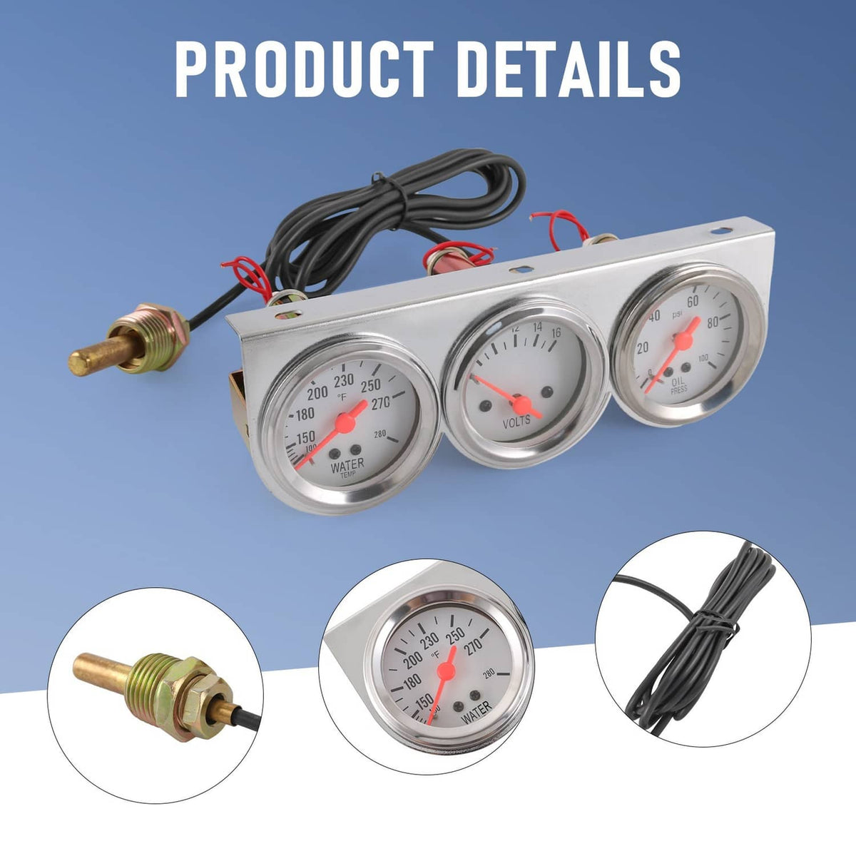 Solidspare Chrome 2'' 52mm Mechanical Triple Gauge Set Water Temp Oil Pressure Volt Meter