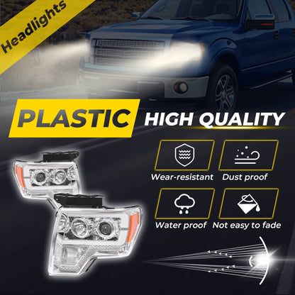 Solid Spare Projector Headlight Assembly Fit Ford F150 F-150 2009-2014 Chrome DRL LED Tube