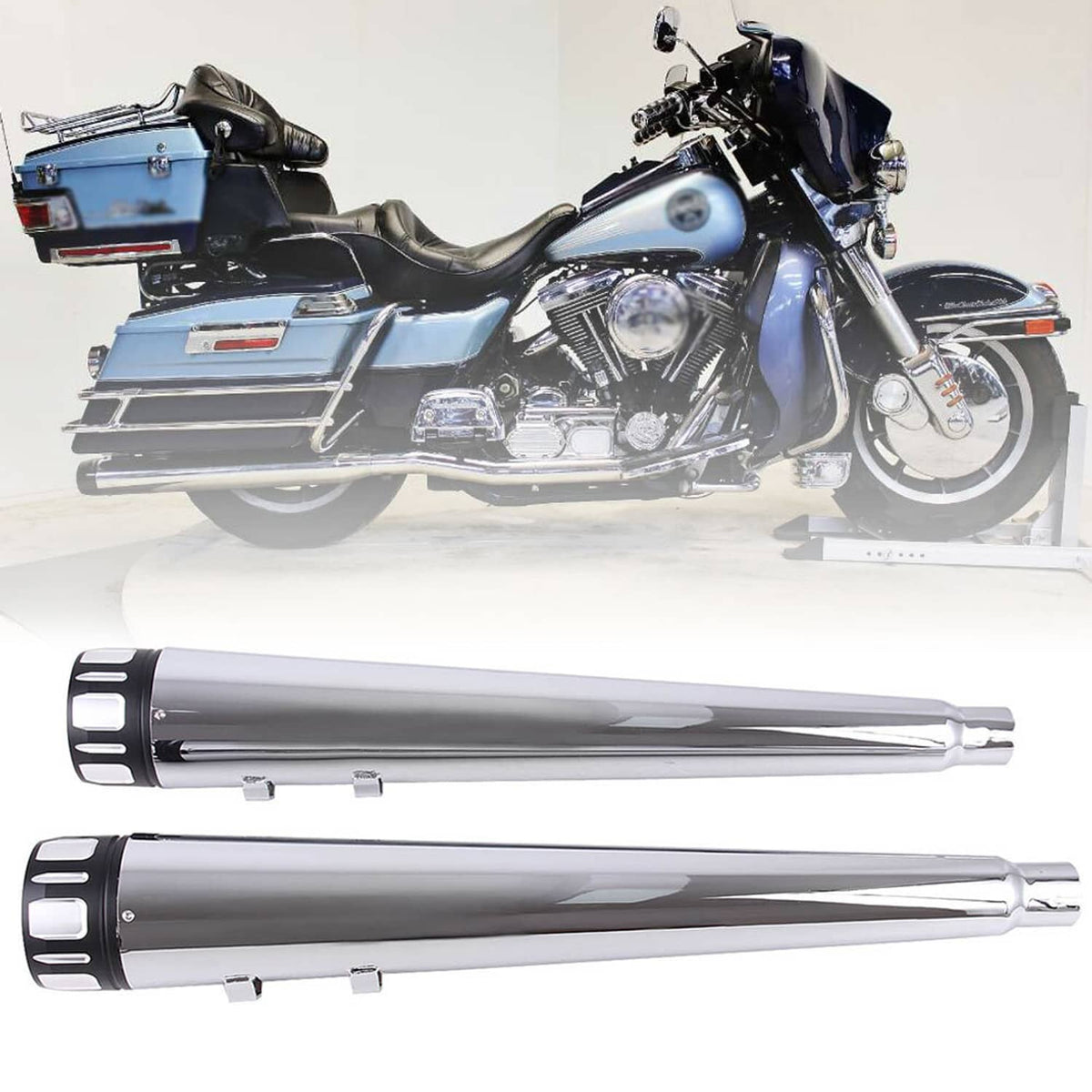 Solidspare 4" CHROME MEGAPHONE SLIP-ON MUFFLERS EXHAUST PIPES FOR HARLEY TOURING BAGGERS