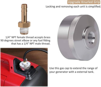Solid Spare Extended Run Gas Cap Adapter w/ Brass Hose for Yamaha EF2000is EF1000is (Silver)