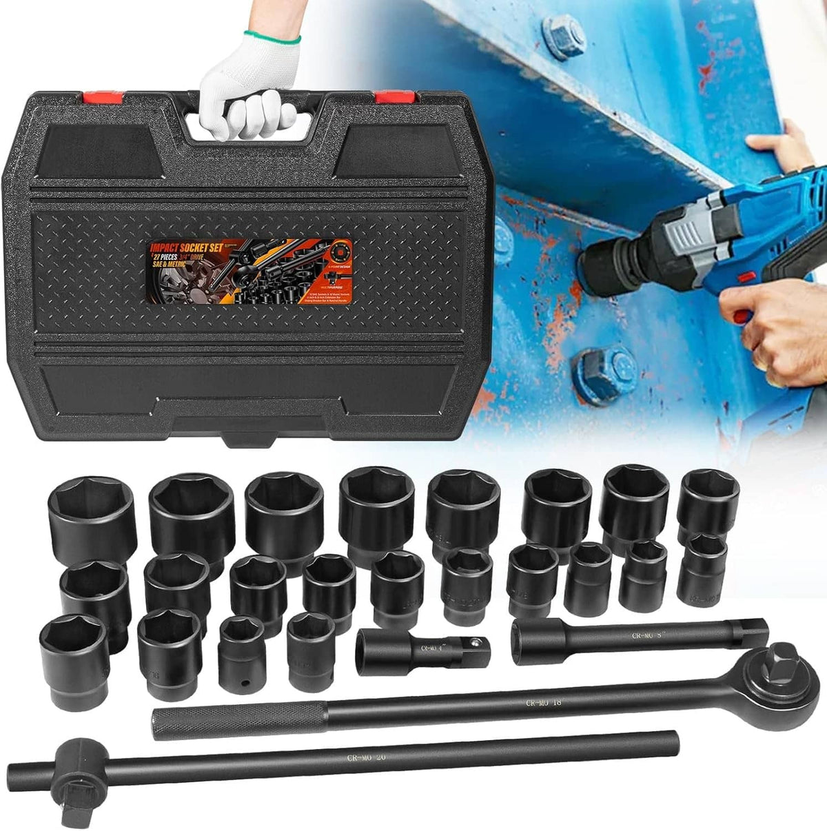Solid Spare 3/4" Drive Deep Impact Socket Set 27Pcs SAE 7/8"-2" Metric 22-50 MM Standard Kit