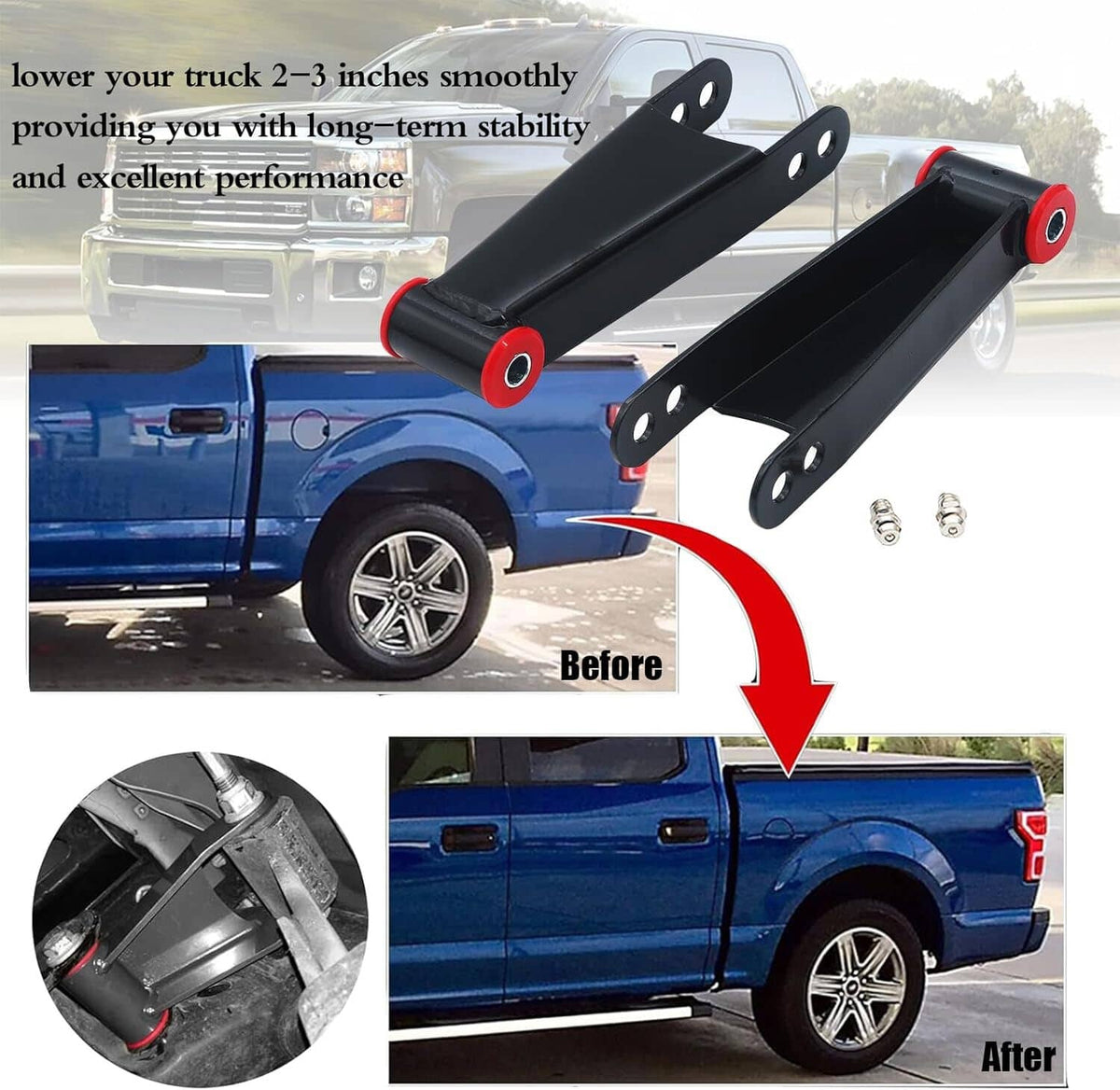Solidspare 3 inch Rear Drop Shackles For 01-10 Chevy GMC Sierra Silverado 1500HD 3500HD 2WD