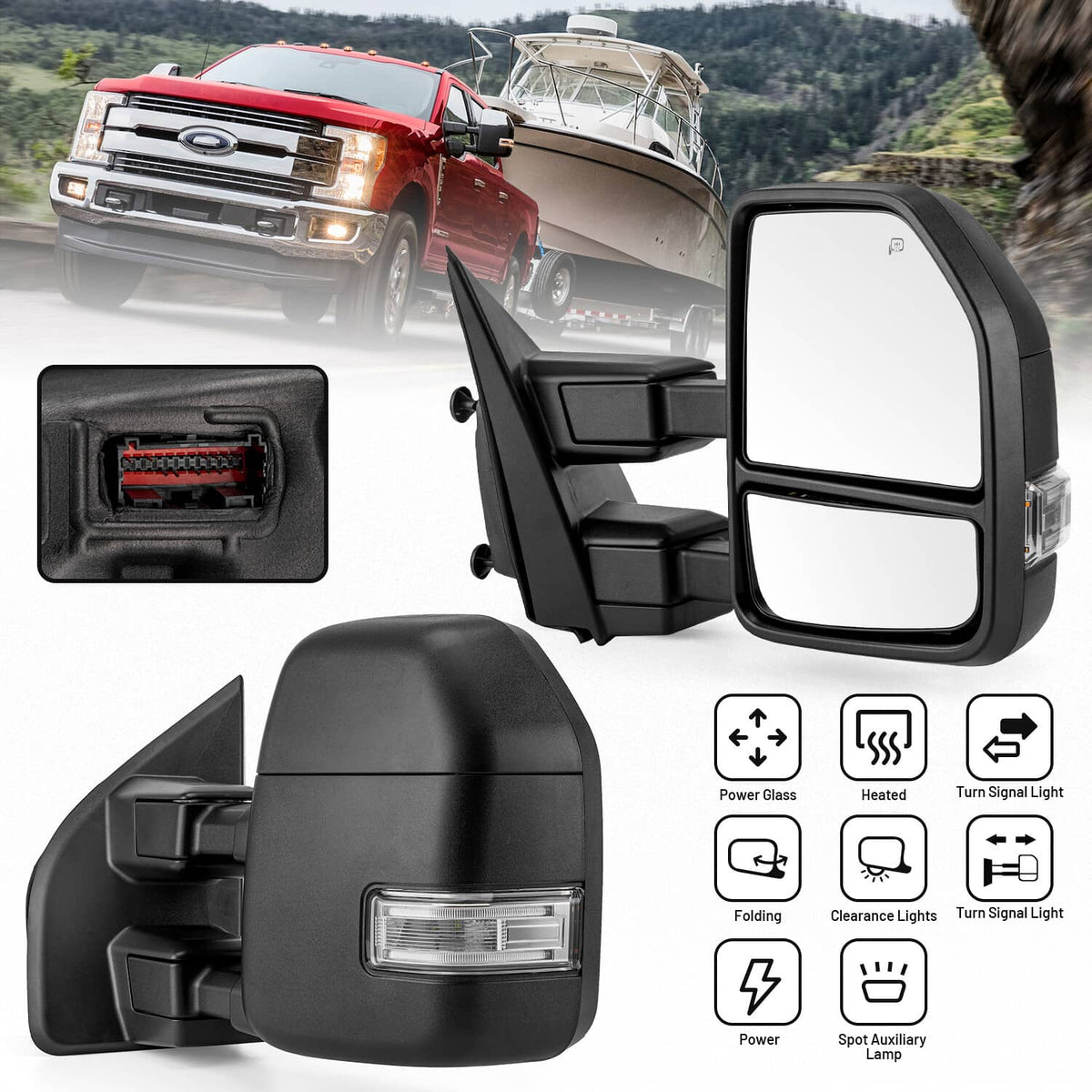 Solidspare Towing Mirrors For 2017-2019 Ford F-250 Super Duty Power Heated LED Signal LH&RH