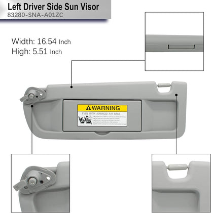 Solidspare Sun Visor Left Driver Side for Honda Civic 2006-2011 Light Gray 83280-SNA-A01ZC