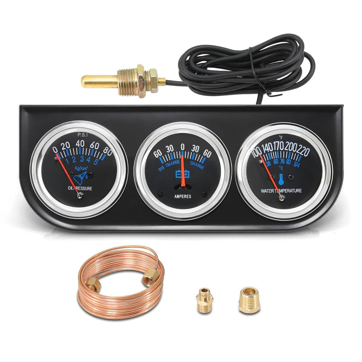 Solidspare Black 2" 52mm Car 3 in 1 Triple Gauge Set Kit AMP Meter Water Temp Oil Pressure