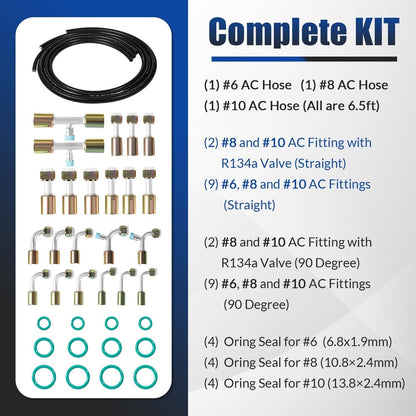 Solidspare Air Conditioning Hose & Fitting Kit Includes 6.5ft #6#8#10 AC Hoses and Fittings