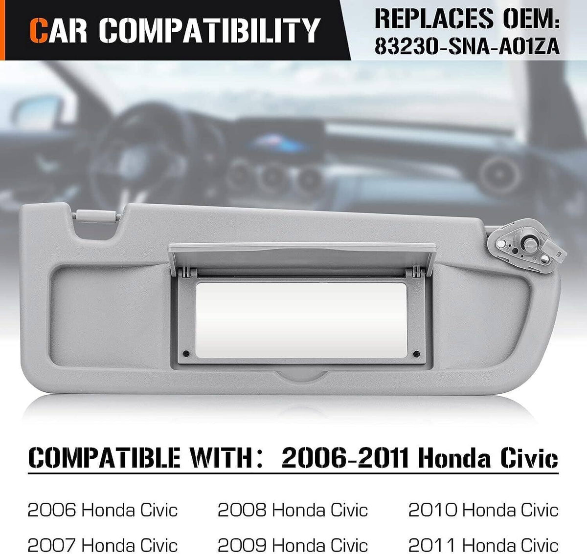 Solidspare Right Sun Visor Passenger Side For Honda Civic 2006-2011 Grey 83230-SNA-A01ZC