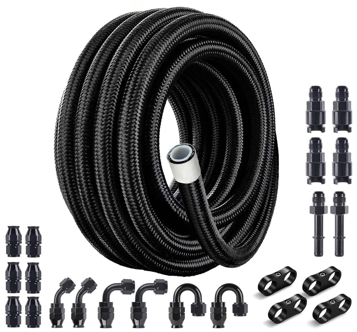 Solidspare Black 20FT 3/8" E85 PTFE LS Swap EFI Fuel Line Fitting Nylon Braided Fuel Kit
