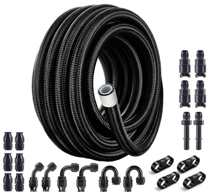 Solidspare Black 20FT 3/8" E85 PTFE LS Swap EFI Fuel Line Fitting Nylon Braided Fuel Kit