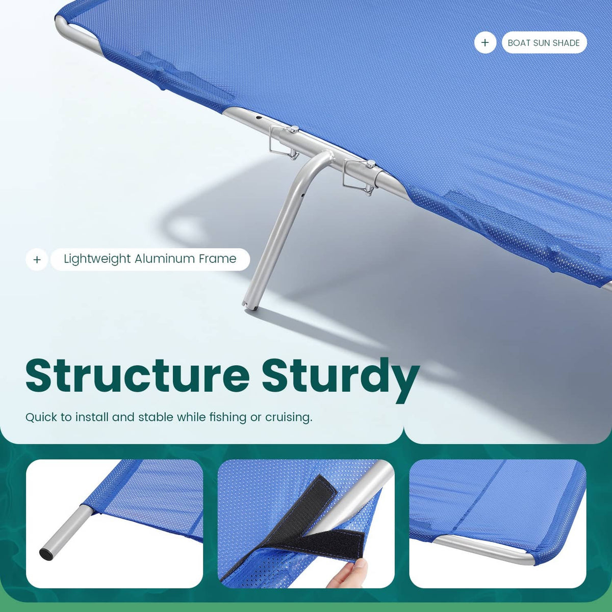 Solidspare Silvery+Blue Boat Sun Shade For Boats 25 FT And Under Aluminium Powder Coated