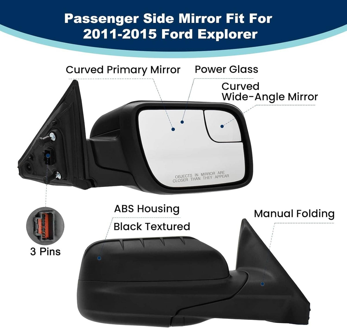 Solidspare Power Mirror For Ford Explorer 2011-2015 Right Side Manual Fold Textured Black