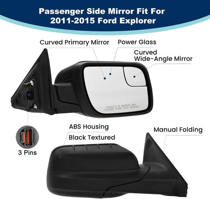 Solidspare Power Mirror For Ford Explorer 2011-2015 Right Side Manual Fold Textured Black