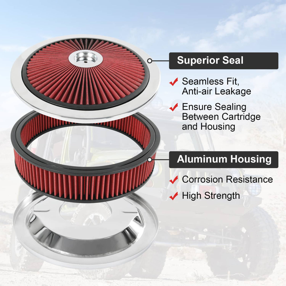 Solidspare High Flow 14" X 3" Round Red Thru Washable Air Cleaner For SBC BBC