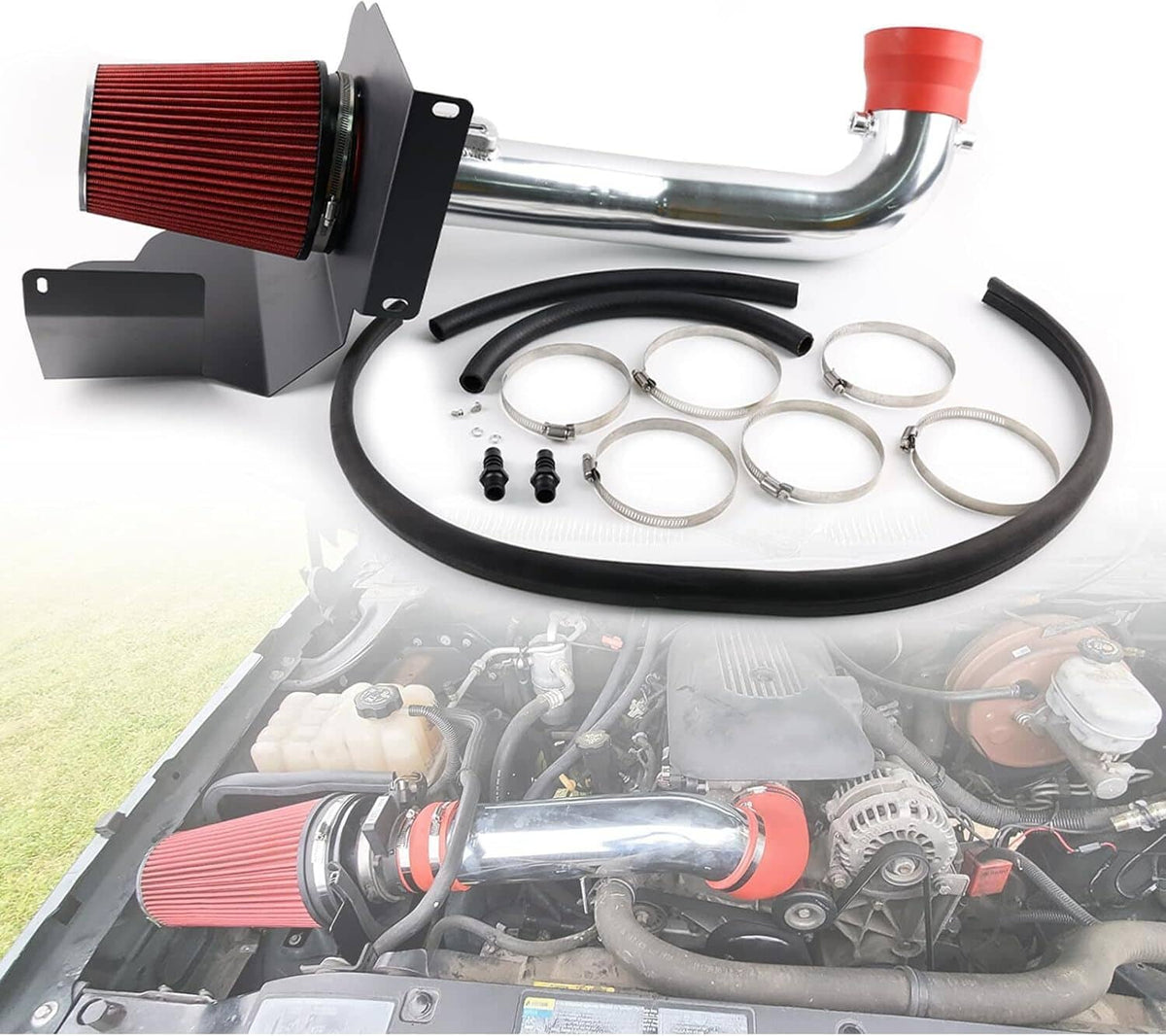 Solidspare 4"Cold Air Intake System Kit + Heat Shield For 99-06 GMC Chevy V8 4.8L/5.3L/6.0L