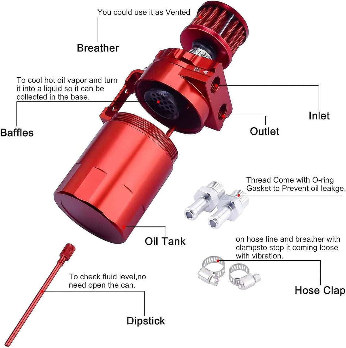 Solidspare Red New Oil Catch Can Kit Reservoir Baffled Tank with Breather Filter Universal
