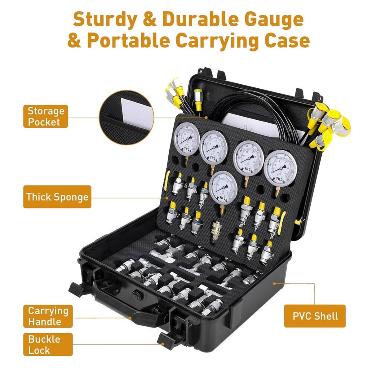 Solidspare Hydraulic Pressure Test Kit 5 Gauges 13 Couplings 14 Tee Connectors 5 Test Hoses