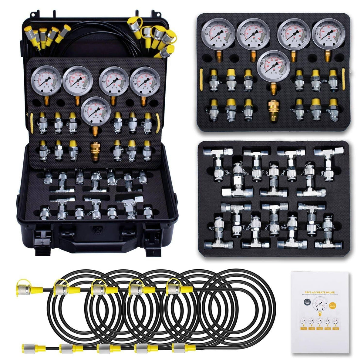 Solidspare Hydraulic Pressure Test Kit 5 Gauges 13 Couplings 14 Tee Connectors 5 Test Hoses