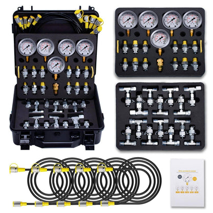 Solidspare Hydraulic Pressure Test Kit 5 Gauges 13 Couplings 14 Tee Connectors 5 Test Hoses