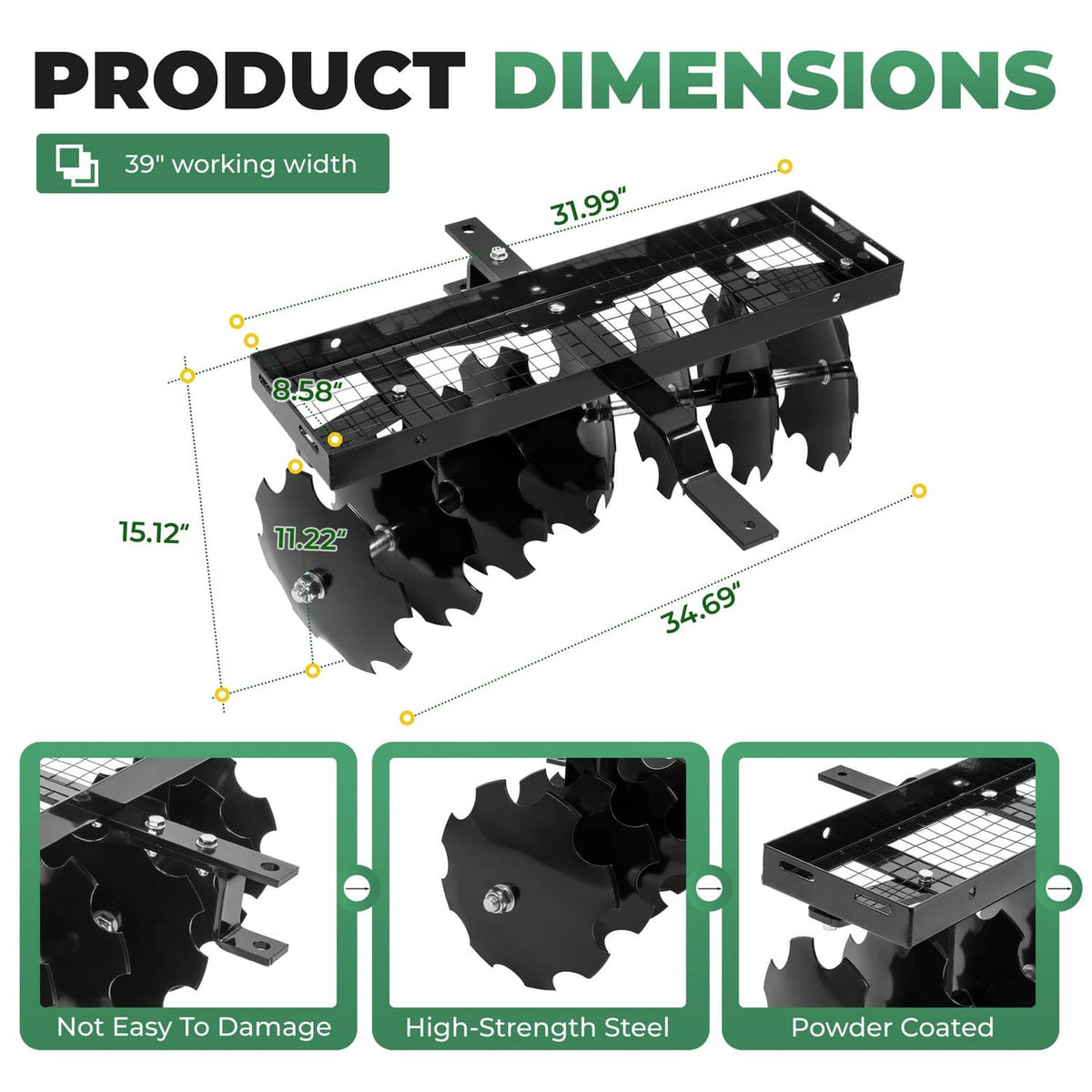 Solidspare Rear Disc Harrow 11" Steel Tow For Universal Tractor Sleeve Hitch Attachment