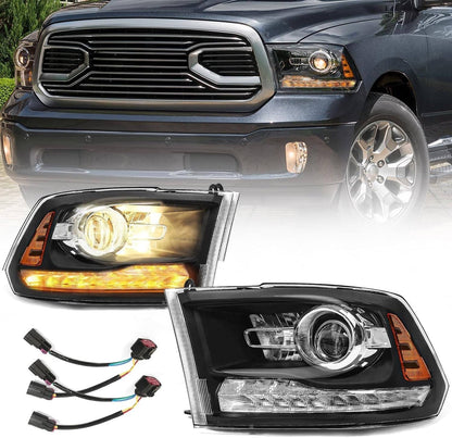 Solidspare For 2009-2018 Dodge Ram 1500 2500 3500 Black Projector Headlights with LED DRL