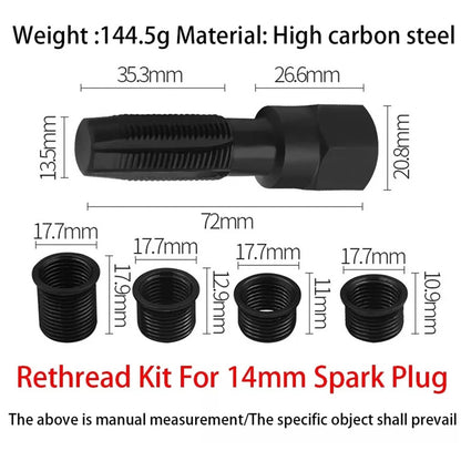 Solid Spare 14mm Spark Plug Rethread Thread Repair Kit Helicoil Reamer Tap Tool w/ 4 Inserts