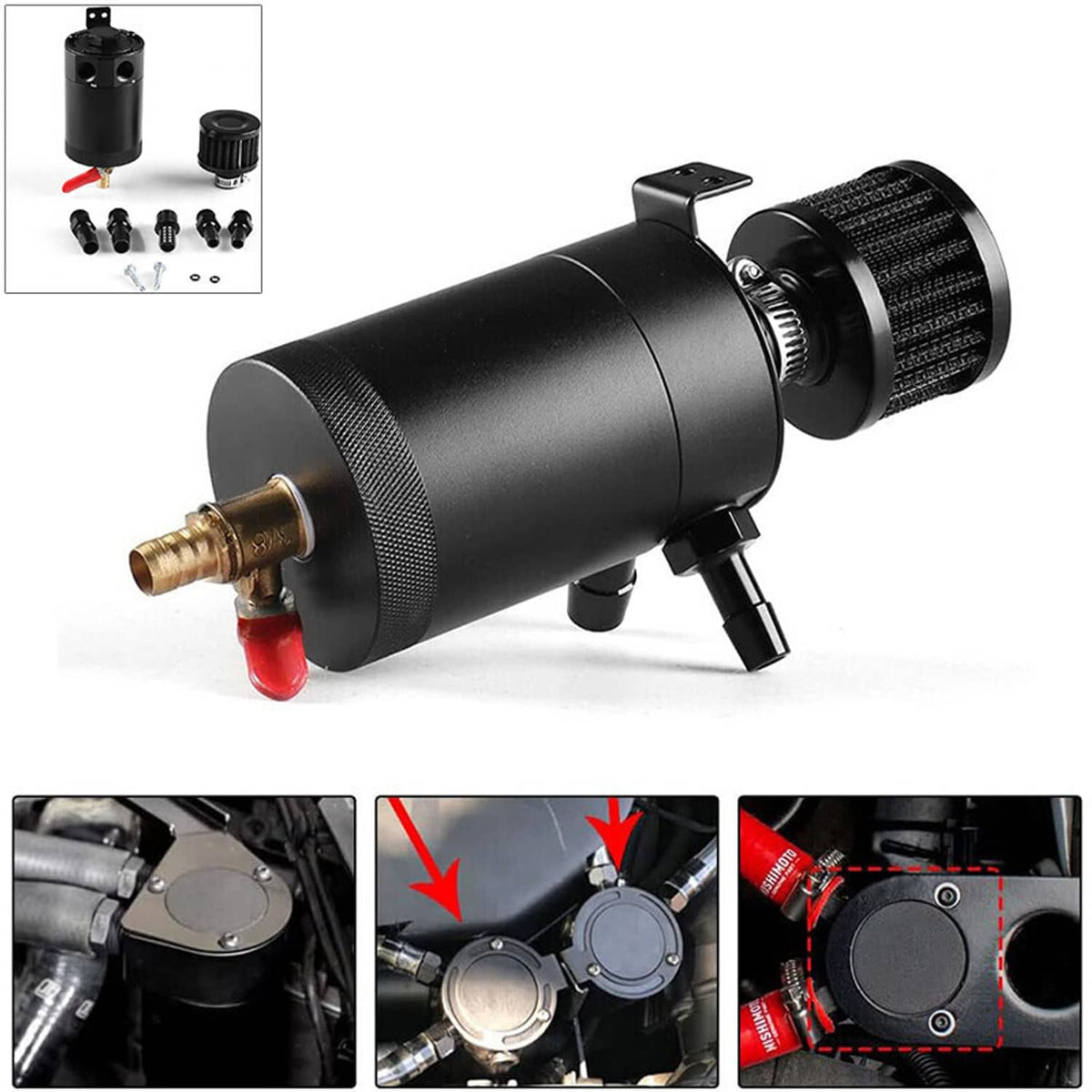 Solidspare Black 2 Port Reservoir Baffled Tank Oil Catch Can with Drain Valve Breather New