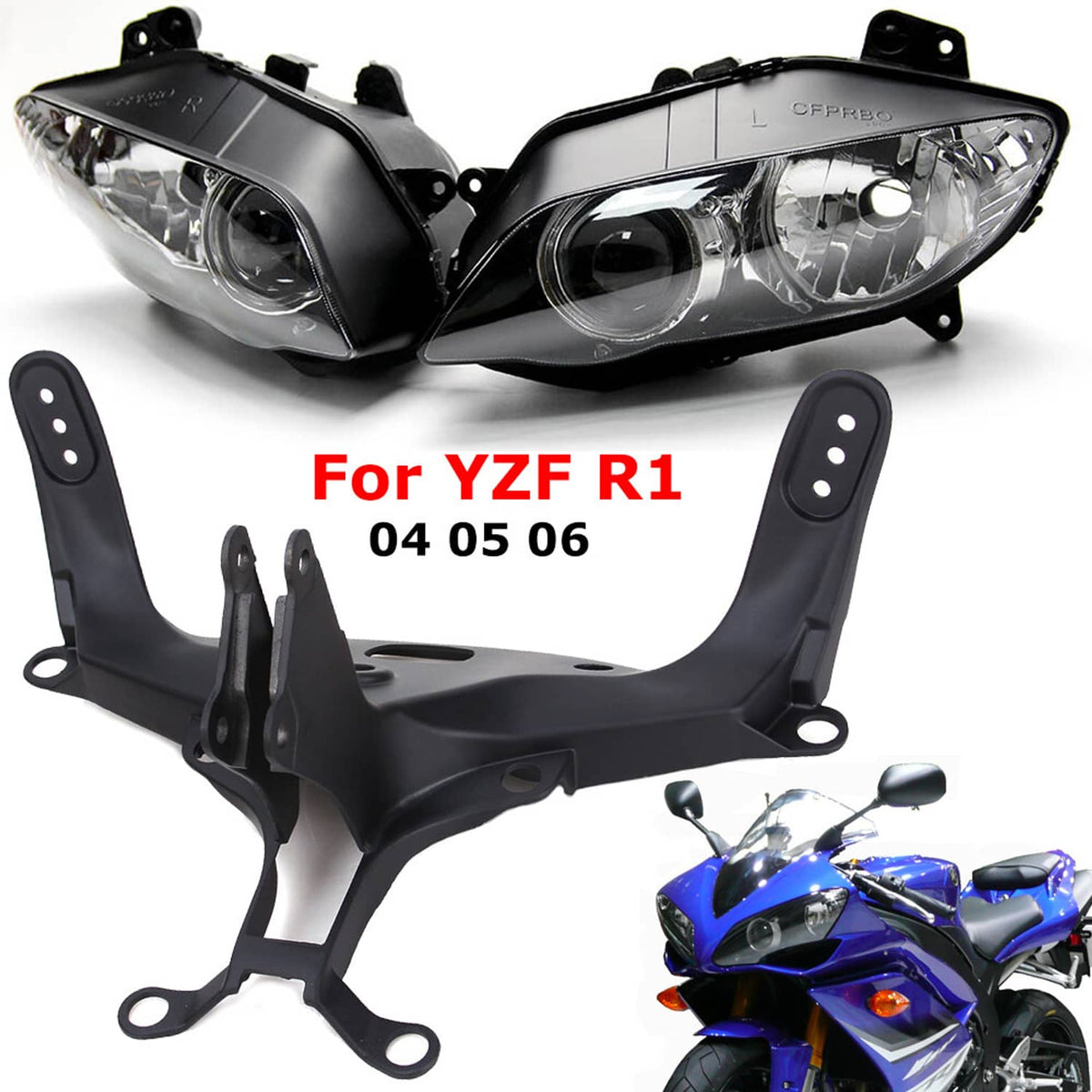 Solidspare Headlight Assembly w/ Upper Stay Fairing Bracket For Yamaha YZF R1 2004 2005 06