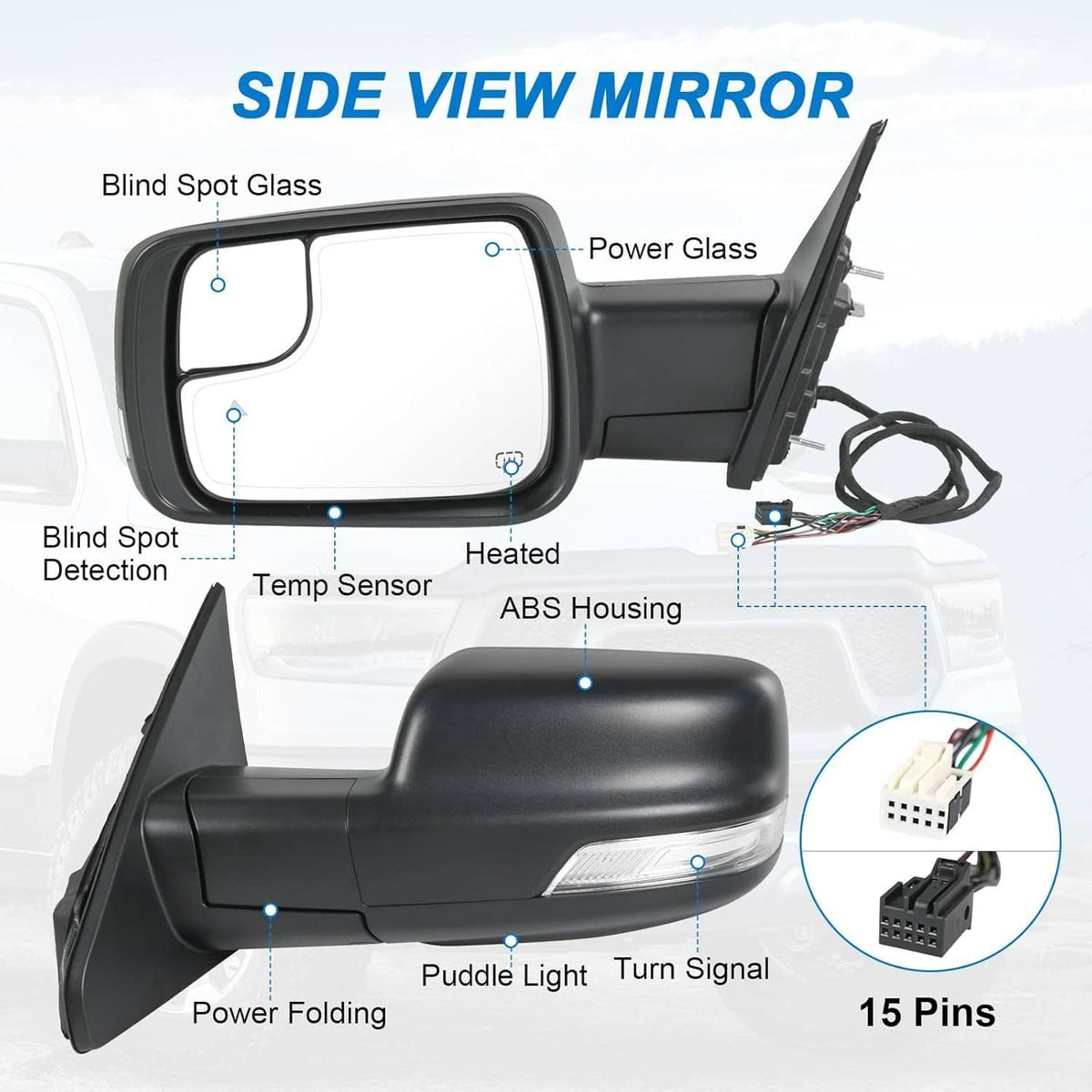 Solidspare Left Side For 2019-2024 Dodge Ram 1500 w/Power Fold Heated Mirror+LED Signal+BSD
